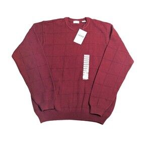 IZOD Men's L Knit Sweater 100% Cotton Windowpane Burgundy Pullover